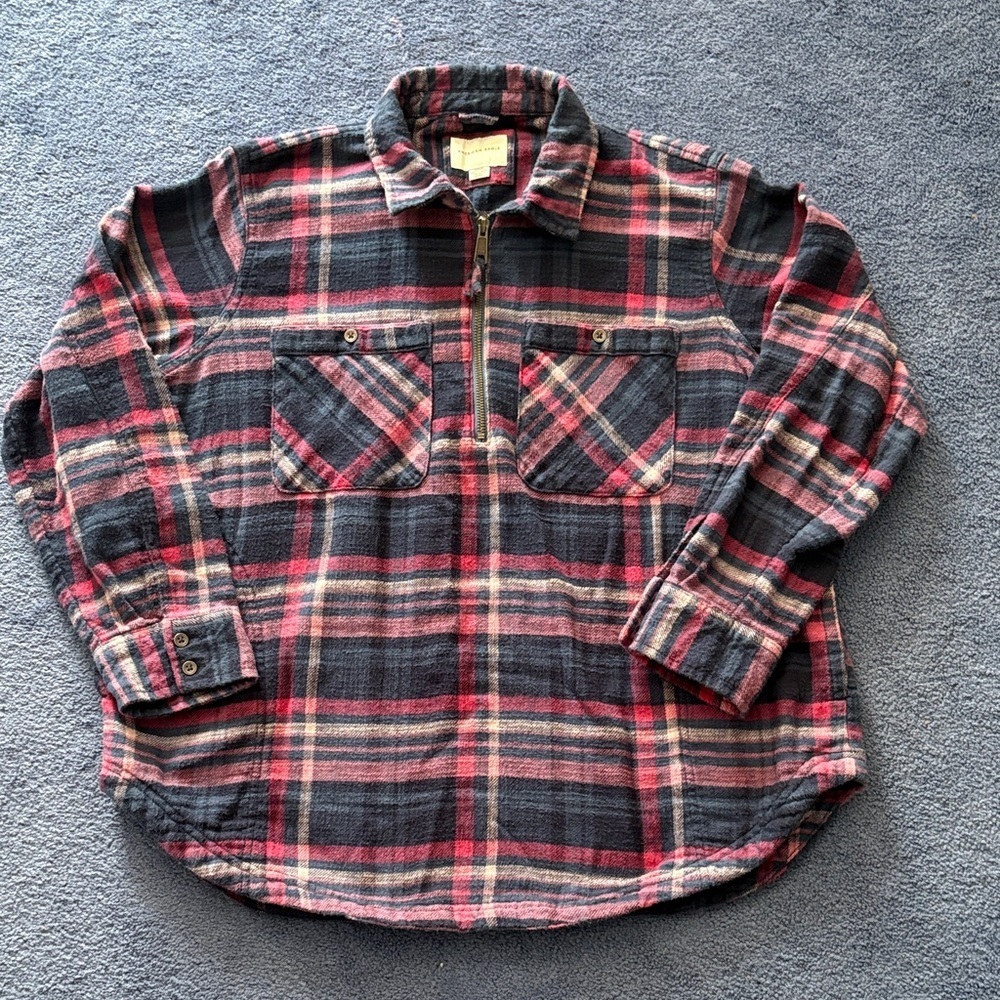 American Eagle Outfitters Pink and Navy Plaid Shirt